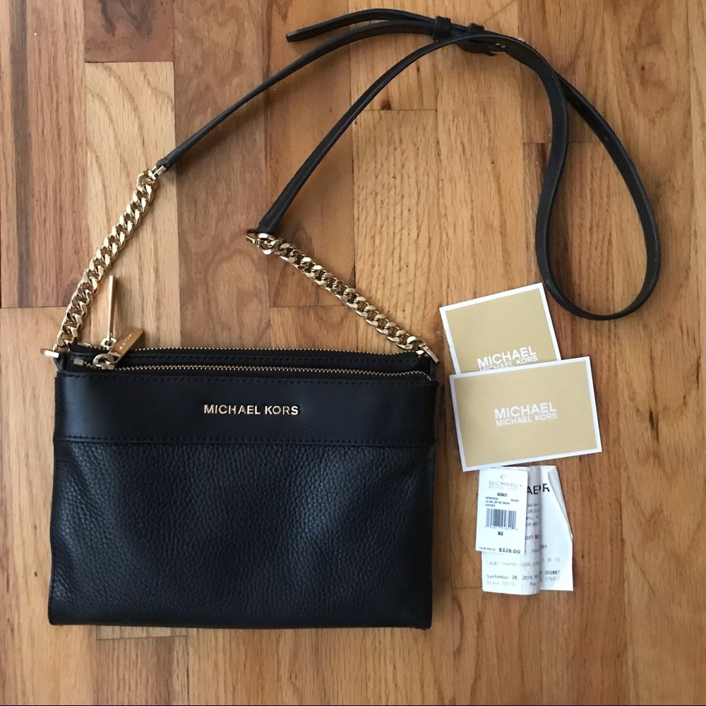 Michael Kors Kenly Large Double Zip Crossbody Black Leather Handbag